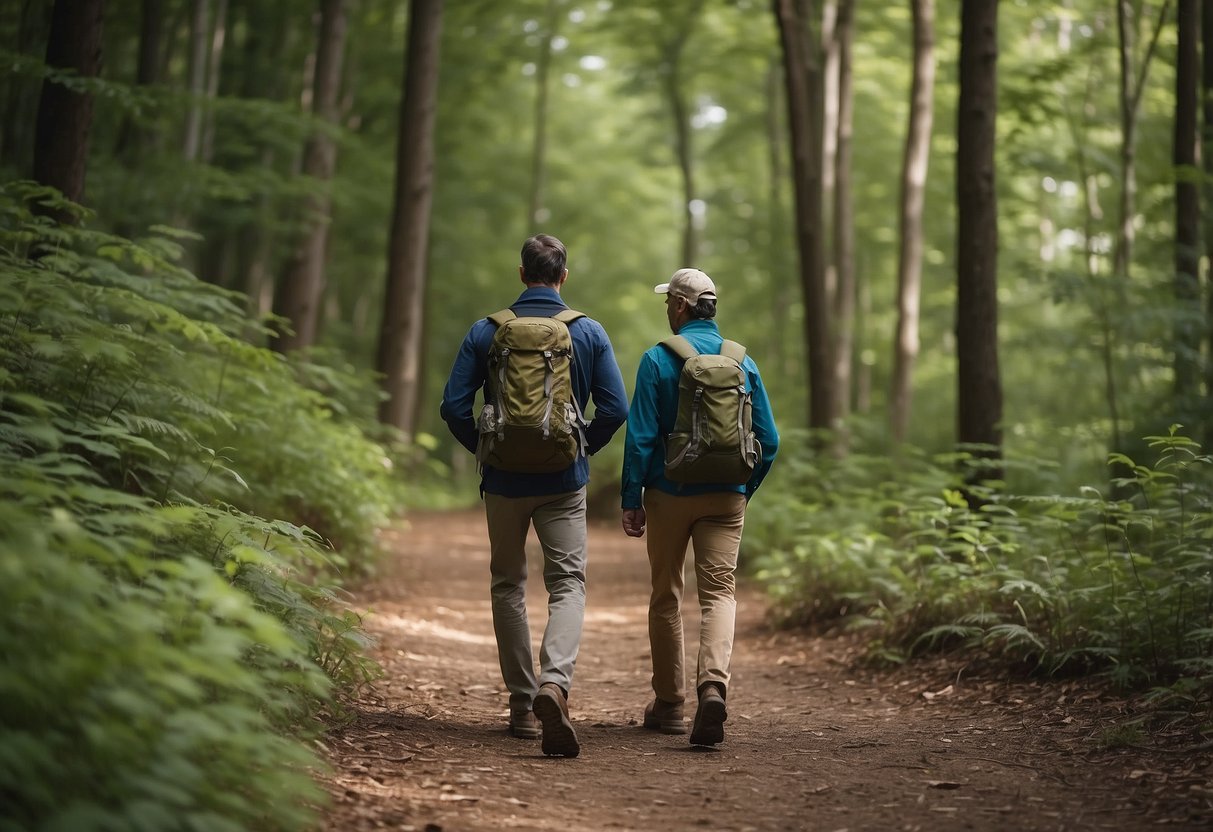 A person carrying a backpack with a water bottle, binoculars, and a bird guide walks along a wooded trail. A sign nearby lists safety tips for solo bird watching