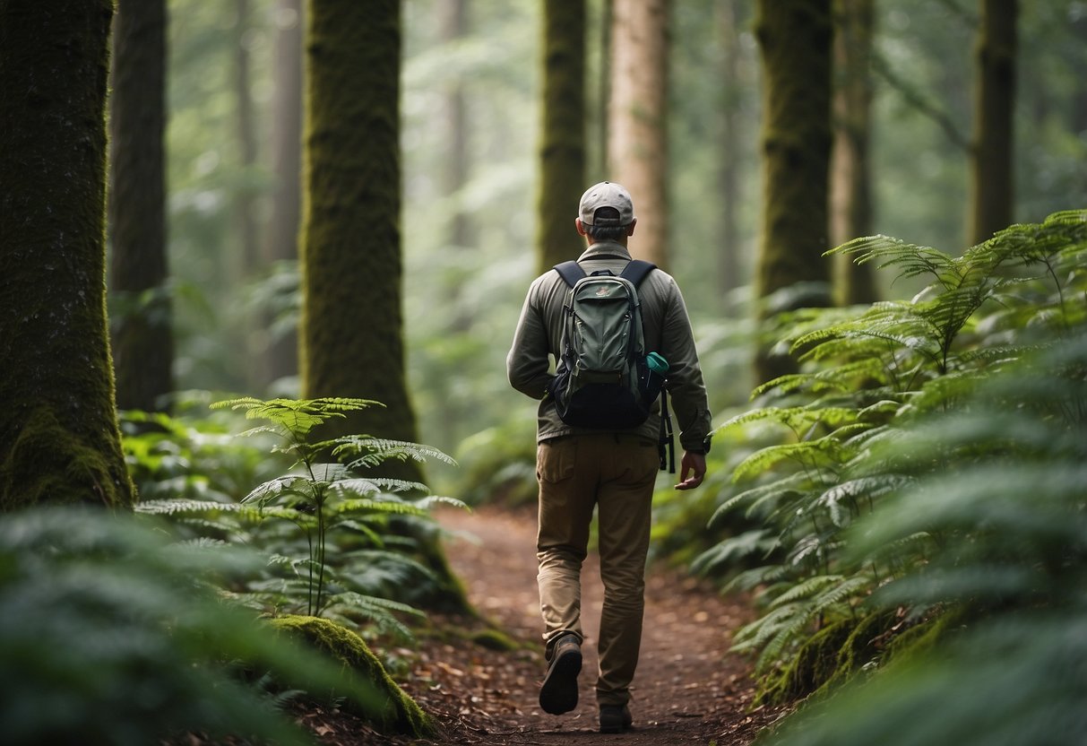 A bird watcher follows a marked trail through a lush forest, binoculars in hand, scanning the treetops for feathered friends