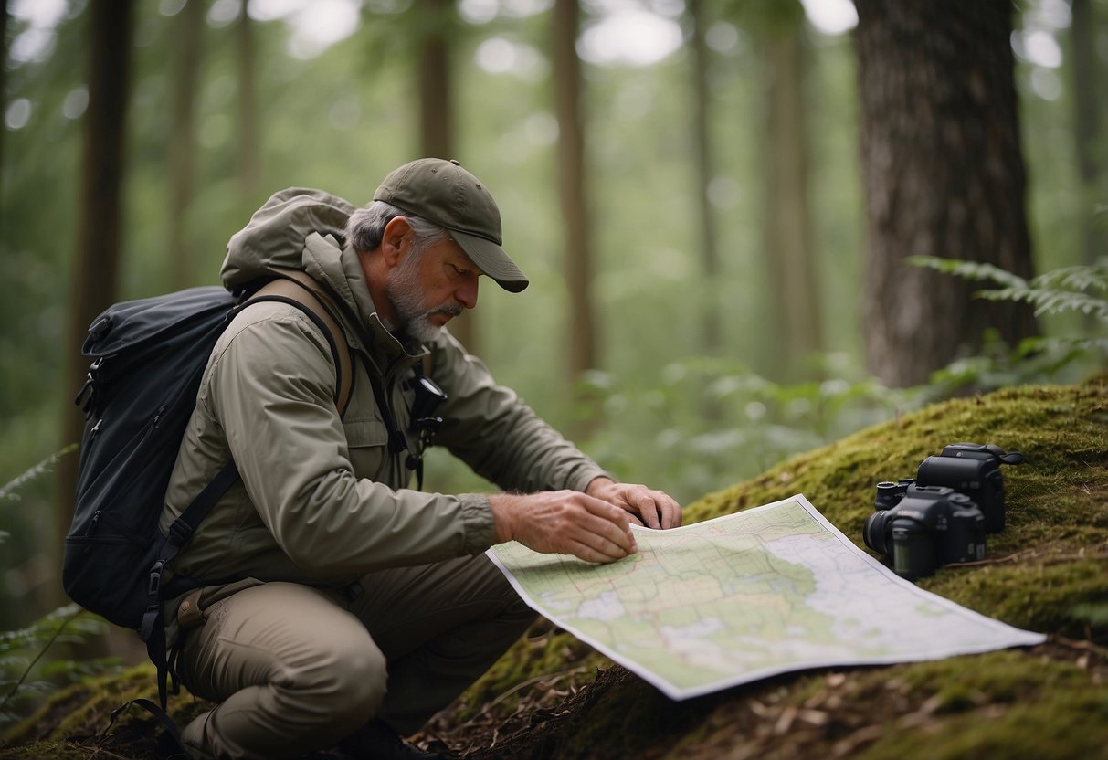 A birdwatcher lays out gear, checks a map, and scans for potential hazards in a peaceful, natural setting