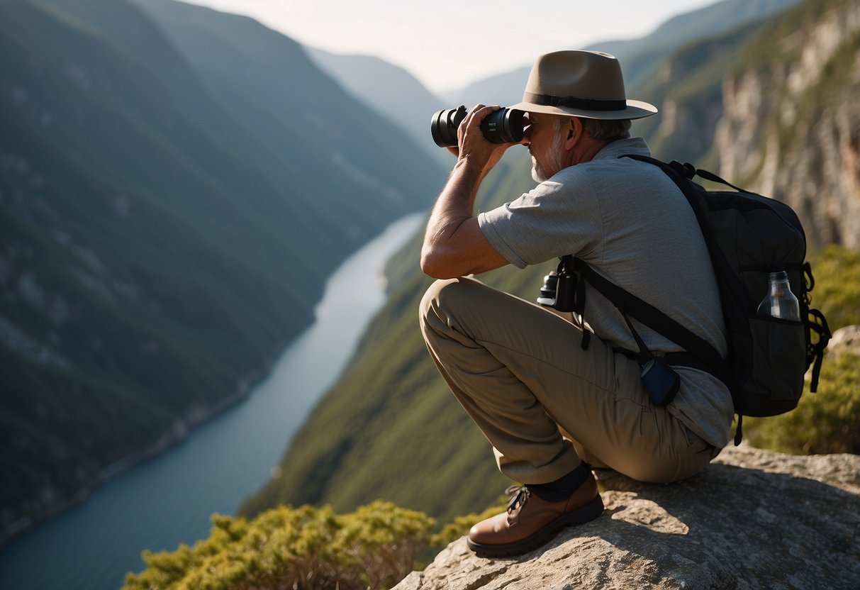 A birdwatcher sets up binoculars, wears a hat and sunscreen, and packs water and a first aid kit. They position themselves away from cliffs and avoid disturbing nests