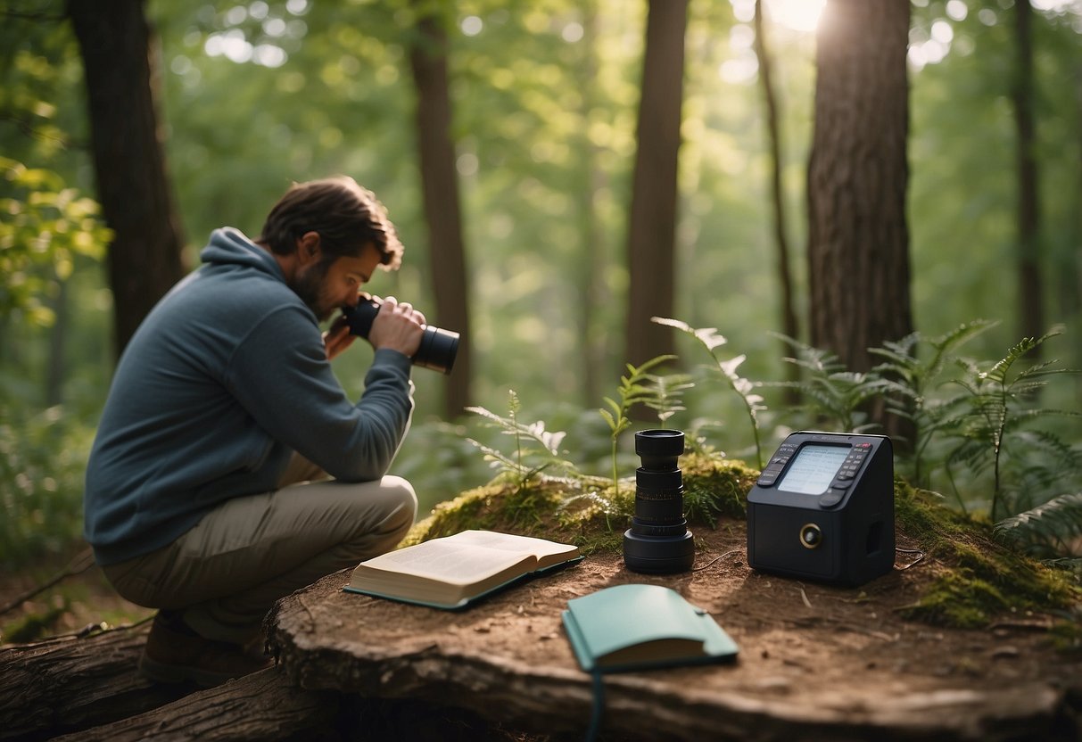 A lone figure sets up binoculars in a peaceful forest clearing. A bird feeder hangs from a nearby tree, attracting colorful songbirds. The watcher takes notes in a small journal, surrounded by nature