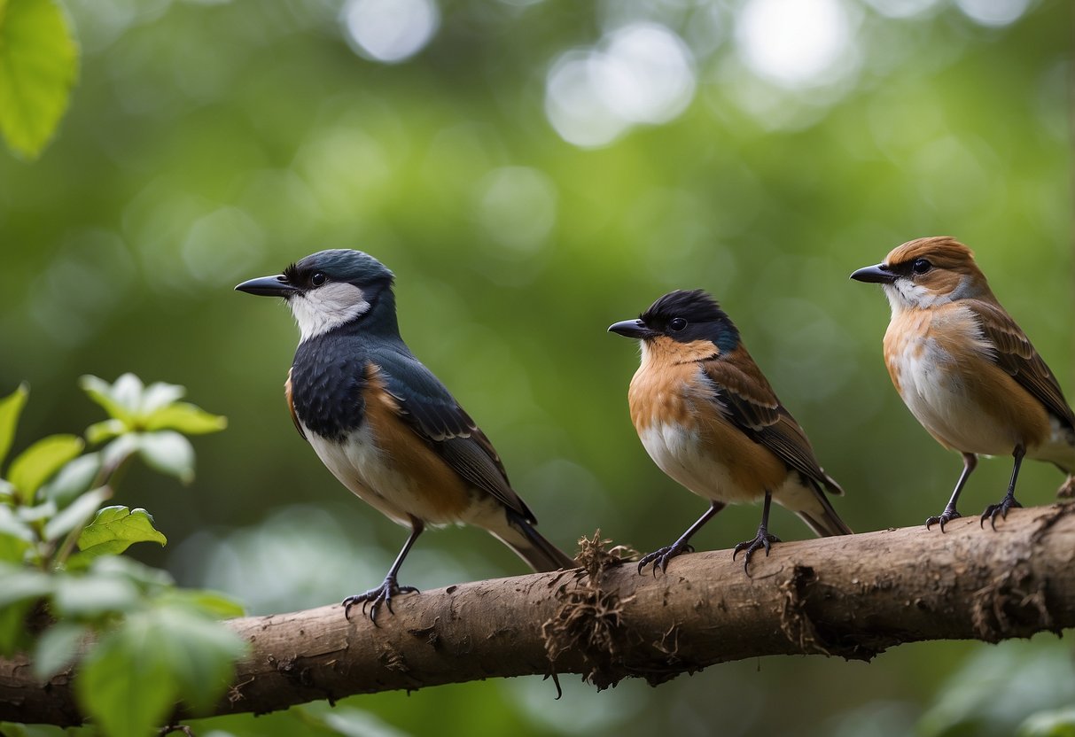 Birds perched in natural habitat, surrounded by lush vegetation and clean water sources. Birdwatchers using binoculars and cameras from a respectful distance. No litter or disturbance to the environment