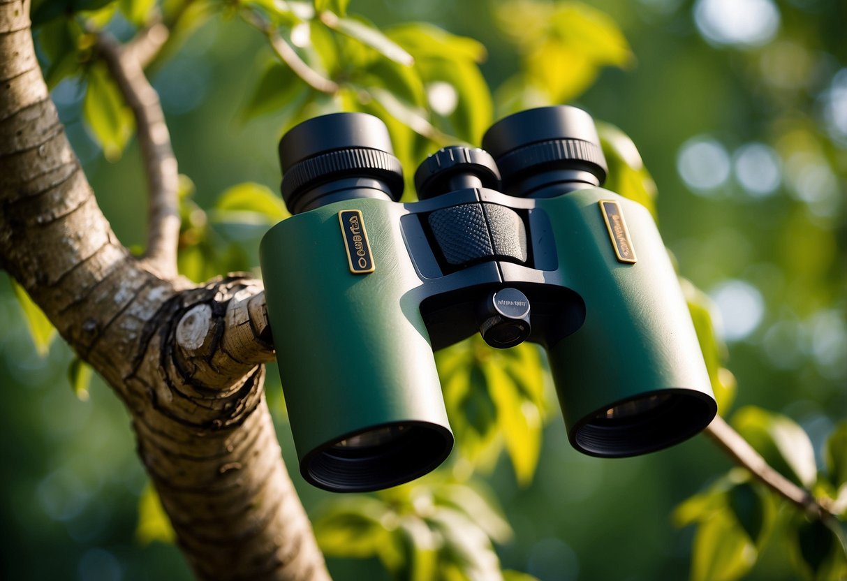 A pair of binoculars made from recycled materials, resting on a tree branch, with a backdrop of lush green foliage and colorful birds in flight