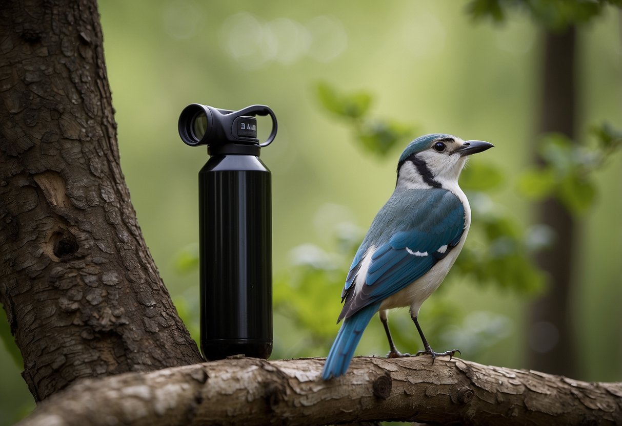 Birds perched on branches with eco-friendly bird books nearby. Reusable water bottle and binoculars on the ground. Litter-free environment with natural scenery