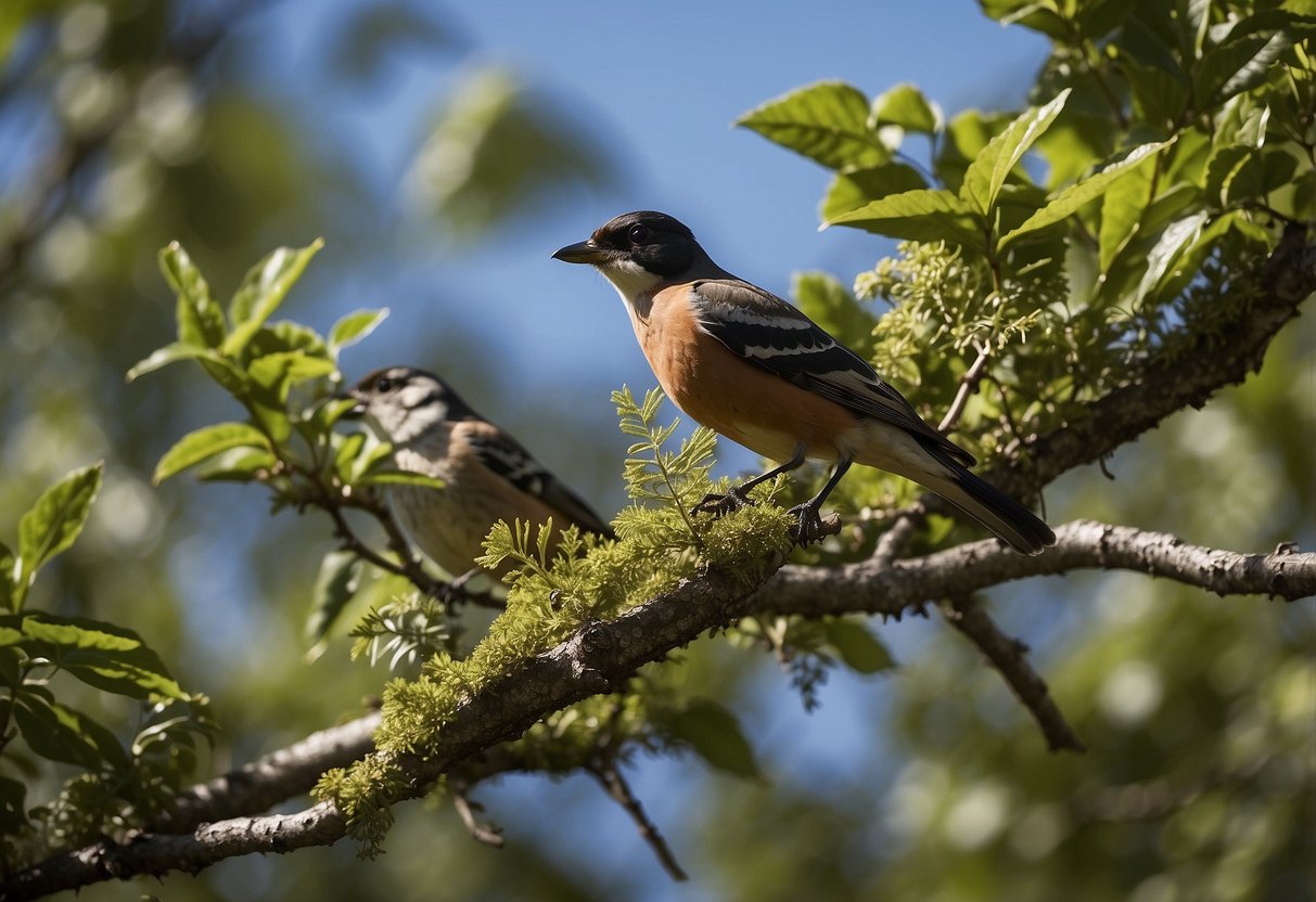 A group of birds perched on tree branches, surrounded by lush vegetation and a clear blue sky. Bird feeders and native plants are visible, showcasing eco-friendly bird watching practices