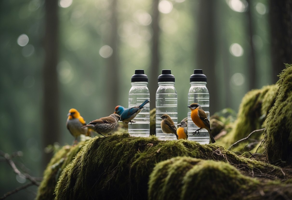 A serene forest clearing with a variety of birds perched on branches, sipping from reusable water bottles placed strategically around the area