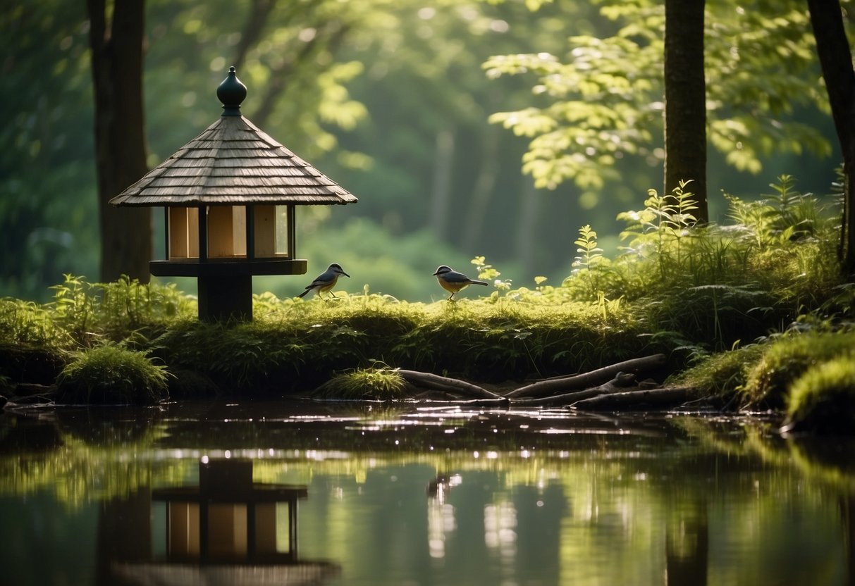 A serene forest clearing with diverse bird species, surrounded by lush vegetation and clean, flowing water. Bird feeders and nesting boxes are strategically placed, and there are signs promoting eco-friendly bird watching practices