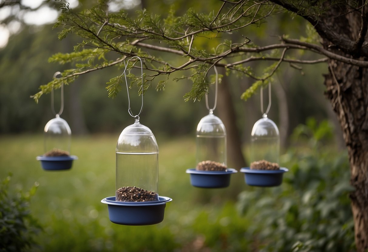 Bird feeders hang from tree branches, surrounded by native plants. A recycling bin is nearby. A reusable water bottle sits on a table. Solar-powered lights illuminate the area