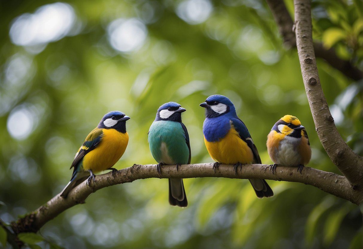 A group of colorful birds perched on a tree branch surrounded by lush greenery, with a nearby sign promoting local conservation efforts