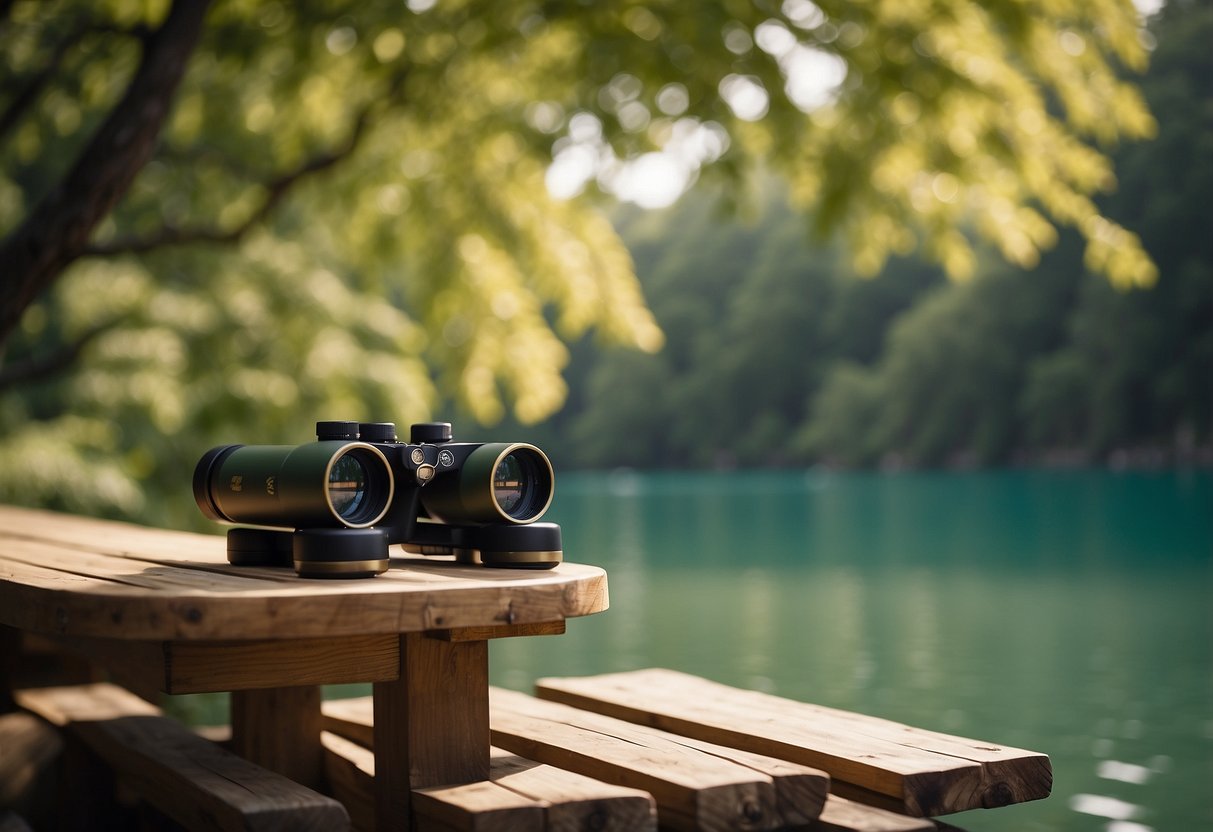 Birds perched in trees, a tranquil lake, and lush greenery in the background. Binoculars and a guidebook on a wooden bench