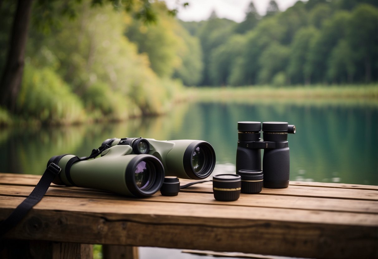 A pair of binoculars, a field guide, and a sturdy backpack lay on a wooden bench overlooking a serene lake surrounded by lush trees and vibrant birdlife