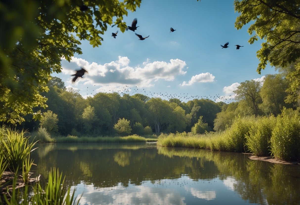 Birds perched on branches, singing and fluttering. Lush greenery surrounds a tranquil pond. Clear blue skies with fluffy white clouds