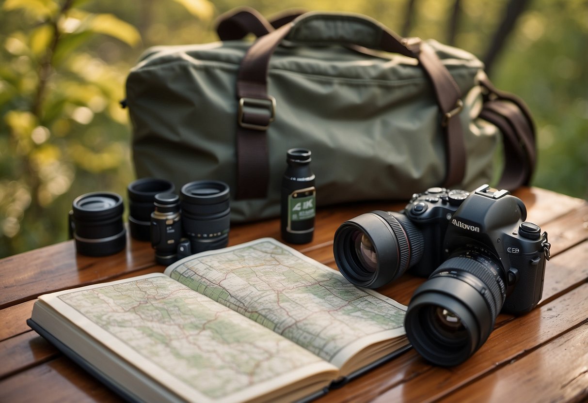 Birdwatching gear laid out on a table: binoculars, field guide, camera, and backpack. Map and notebook with checklist nearby. Outdoor scene with trees and birds in the background