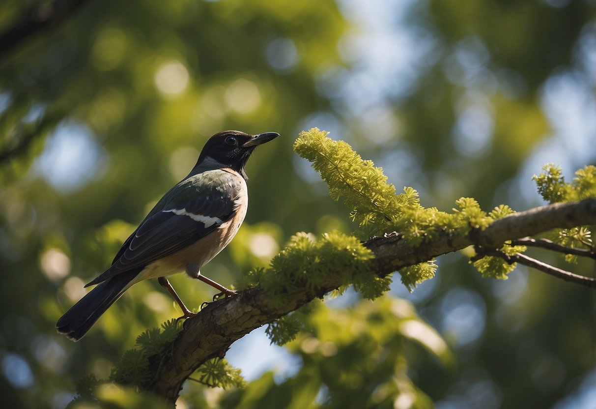 A diverse array of local bird species perched on branches and soaring through the sky, surrounded by lush foliage and natural landscapes