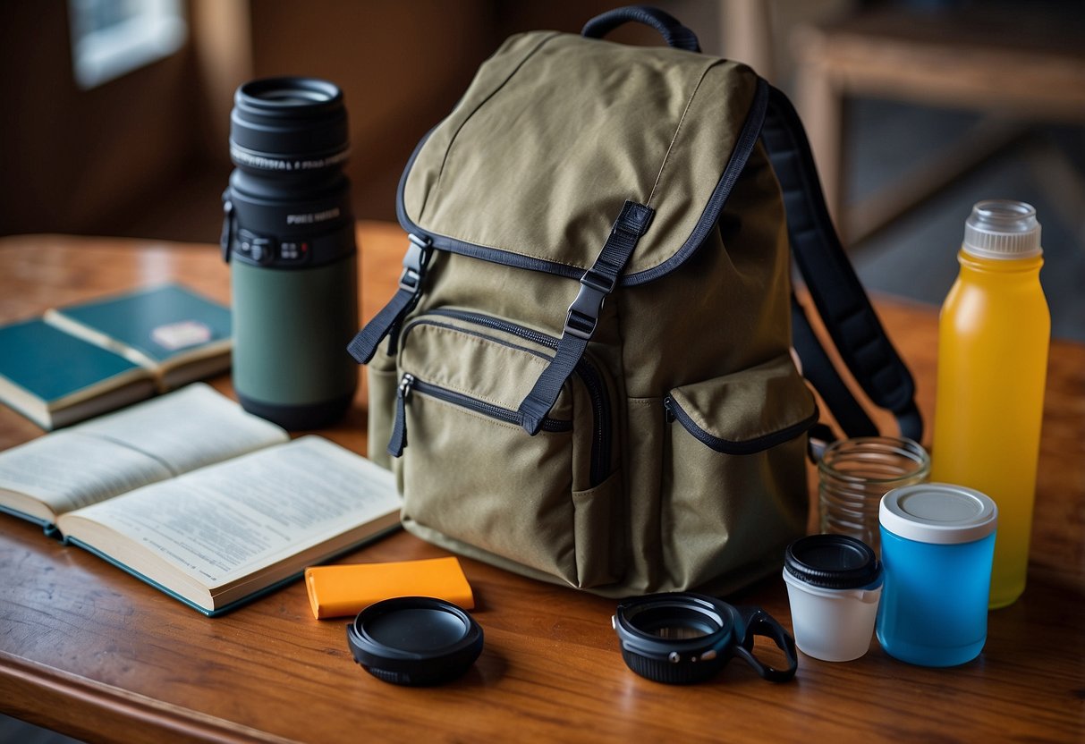 A backpack open on a table, filled with binoculars, field guides, a map, water bottle, snacks, and a notebook with pen