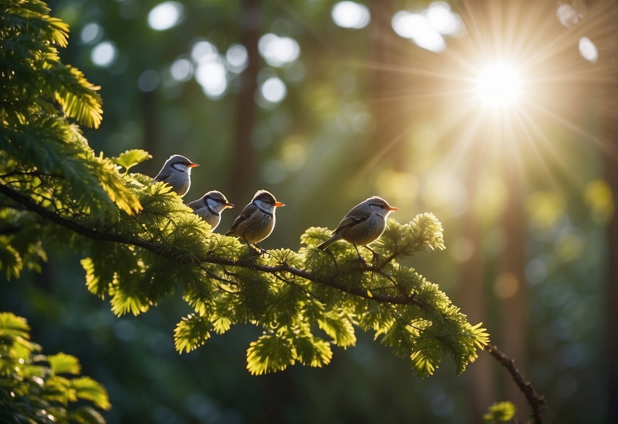 Birds flocking in a lush, vibrant forest, perched on branches and flying overhead. A variety of colorful species can be seen, with the sun shining through the leaves