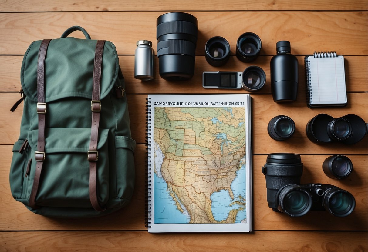 Bird watching gear laid out on a map with binoculars, bird guidebook, and a notebook. A backpack and water bottle sit nearby