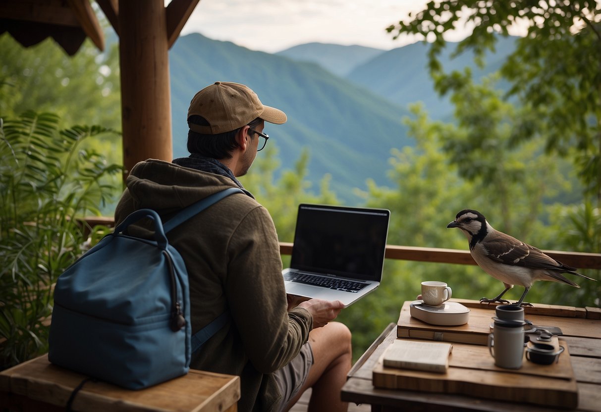 A person books accommodations online for a bird watching trip. They use a laptop and phone to research and make reservations. Luggage and binoculars are nearby