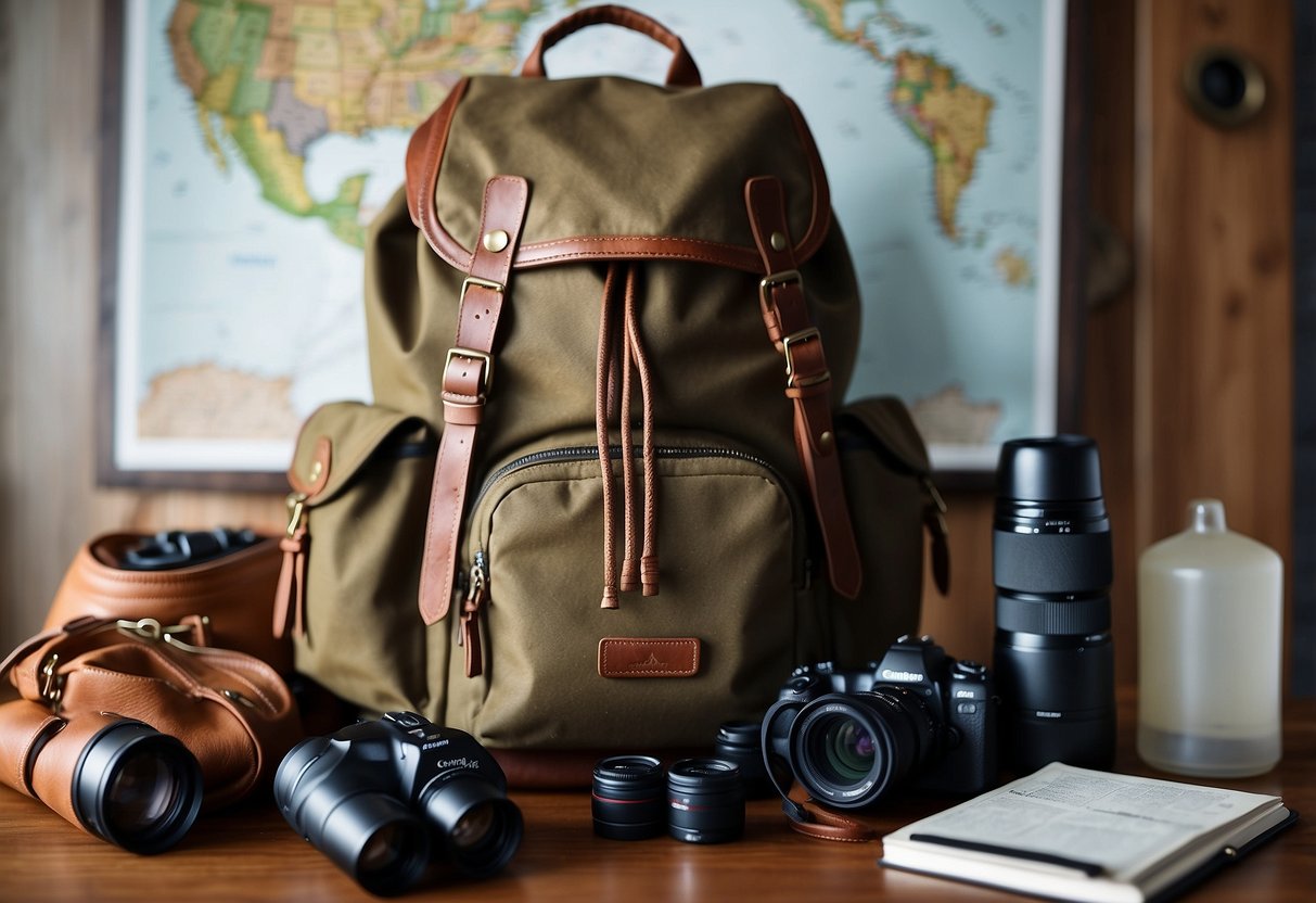 A backpack with binoculars, camera, field guide, and water bottle laid out on a table, surrounded by a map, notebook, and hiking boots