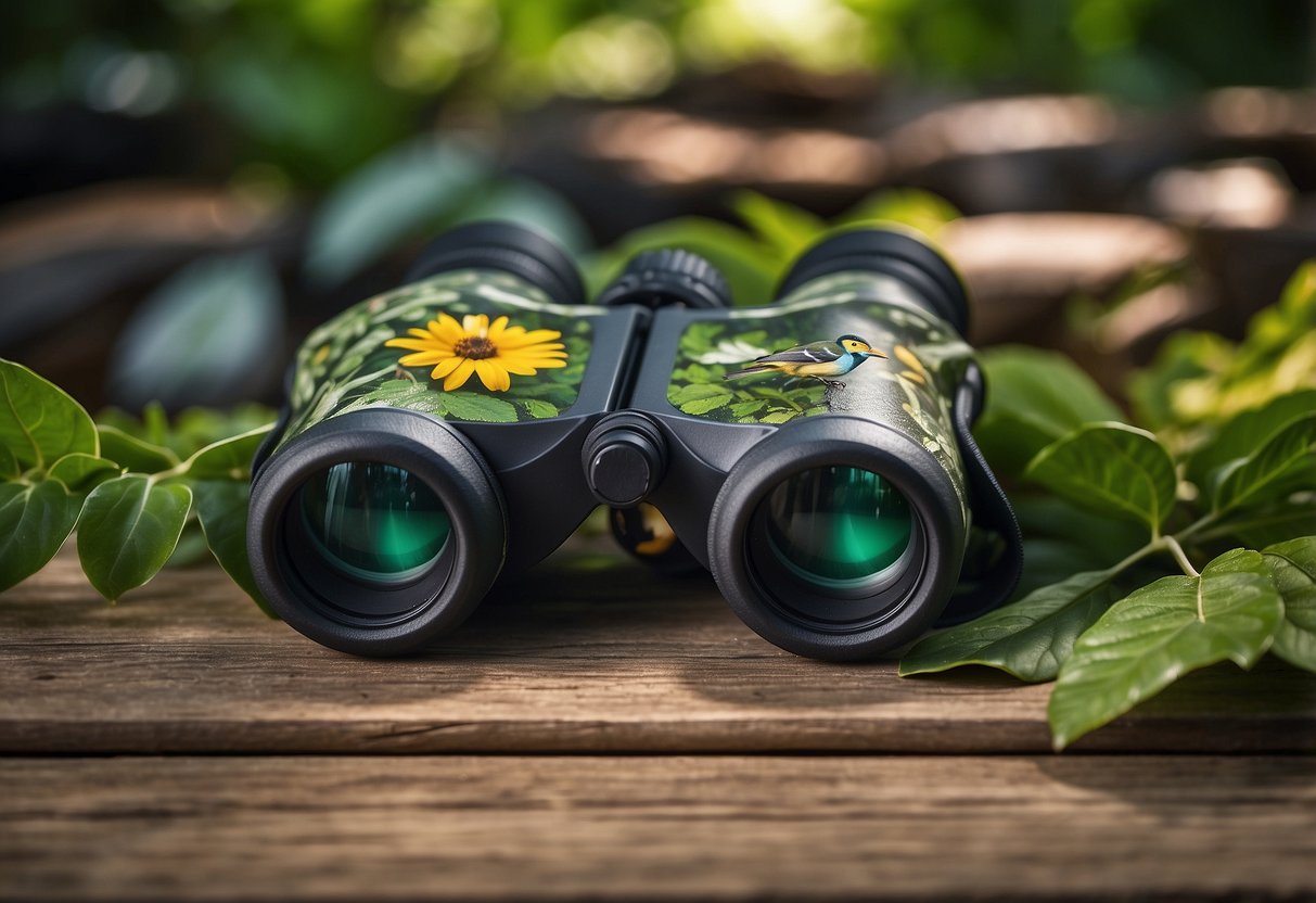 A pair of binoculars laid out on a rustic wooden table, surrounded by a lush green forest and various colorful birds in the background