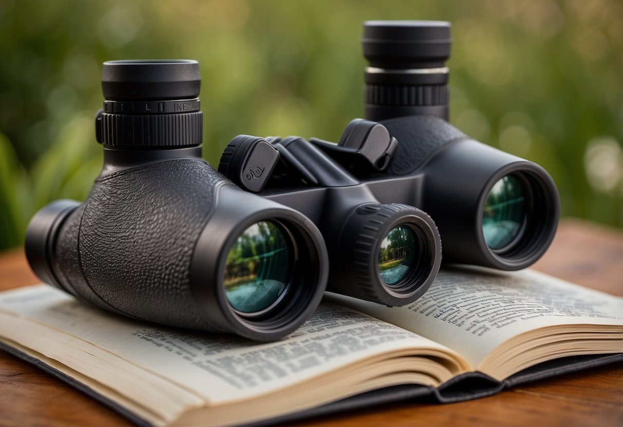 A pair of binoculars sits on a table next to a bird field guide. The binoculars are sleek and black, with adjustable focus and a comfortable grip. The field guide is open to a page featuring colorful bird illustrations