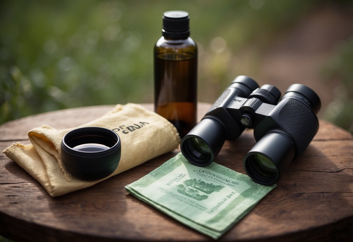 Binoculars laid out on a table with a bird field guide, lens cleaning cloth, and a small bottle of lens cleaner nearby