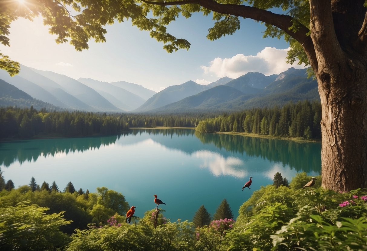 A lush forest with a variety of colorful birds perched on branches, flying, and singing. The backdrop includes a serene lake with mountains in the distance