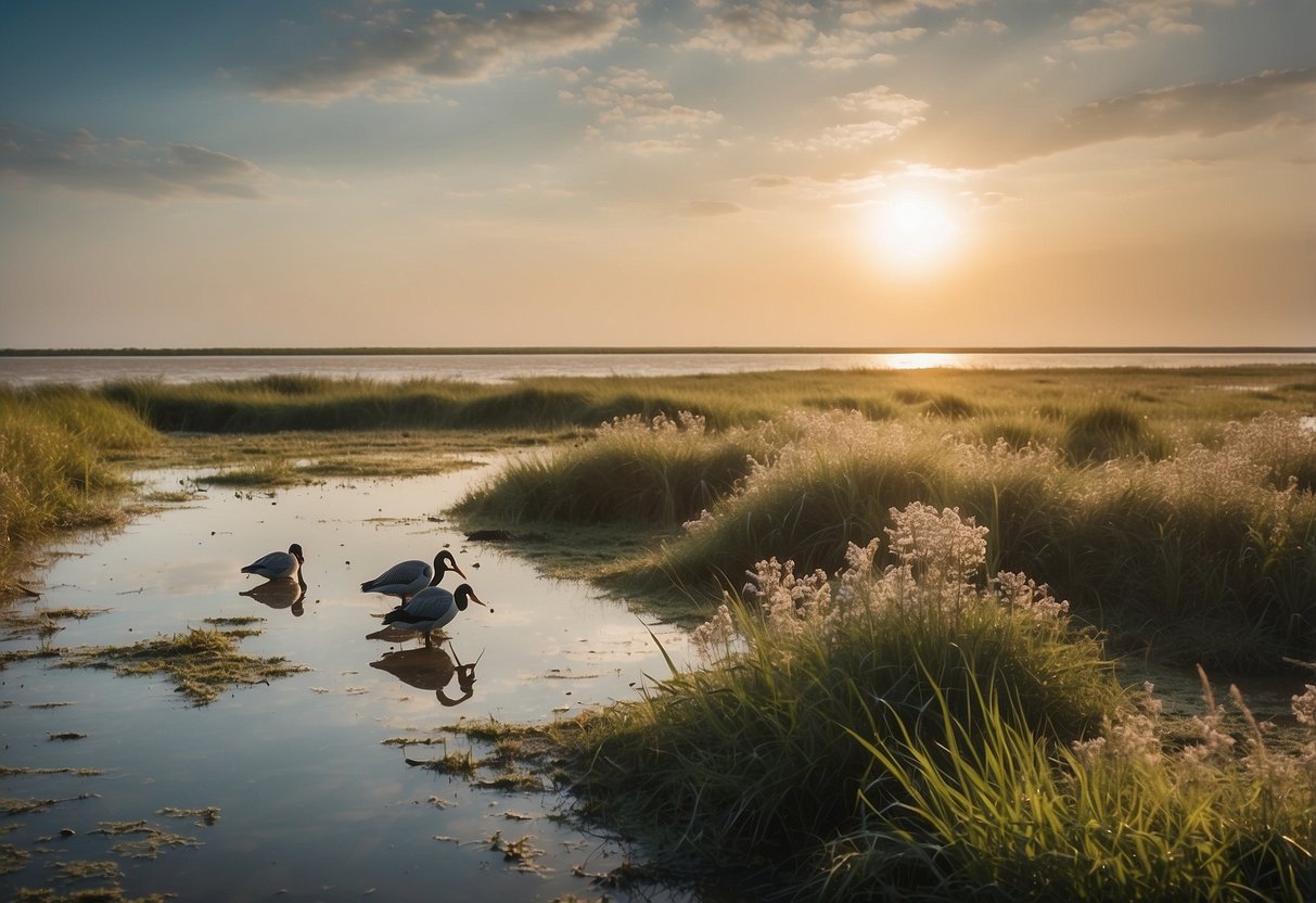 A serene landscape of the Wadden Sea in the Netherlands, with a variety of birds in their natural habitat, surrounded by lush greenery and calm waters