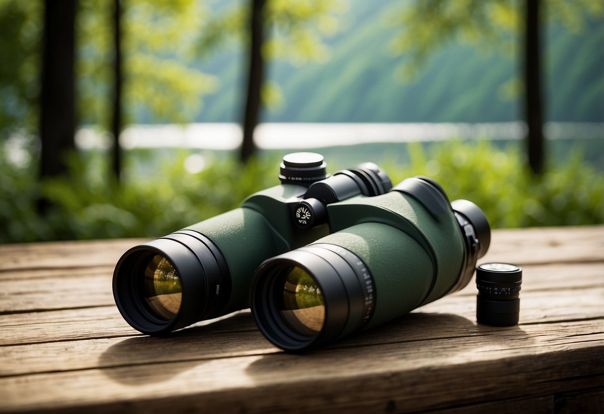 A pair of binoculars, a field guide, and a camera sit on a wooden table. In the background, a lush forest or a serene lake is visible