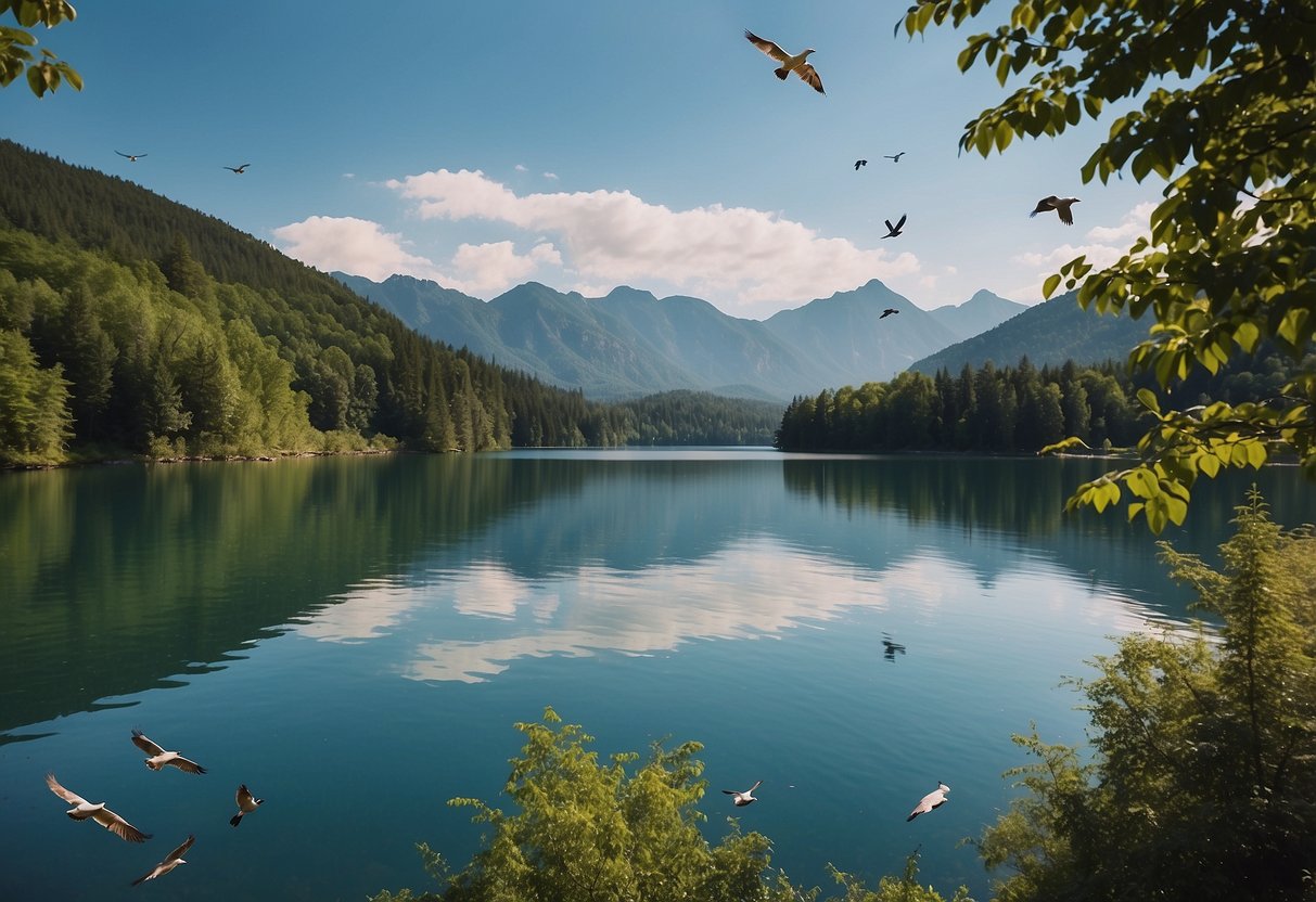 A serene lakeside with a variety of colorful birds perched on branches and gliding over the water, surrounded by lush greenery and distant mountains