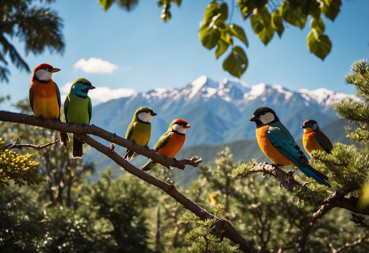 A lush forest with a variety of colorful birds perched on branches, with a clear blue sky and mountains in the background