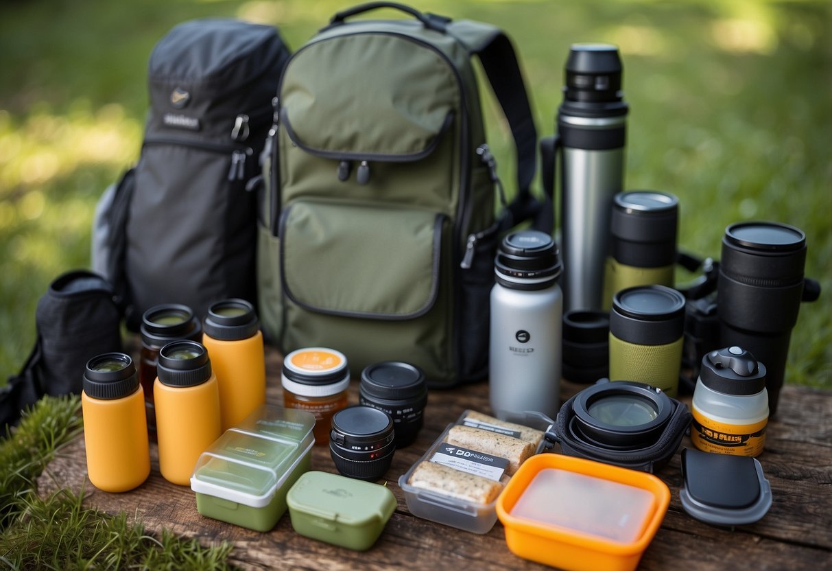 Bird watching gear laid out: binoculars, field guide, camera, hat, sunscreen, water bottle, and snacks. Packing cubes and backpack ready to be filled