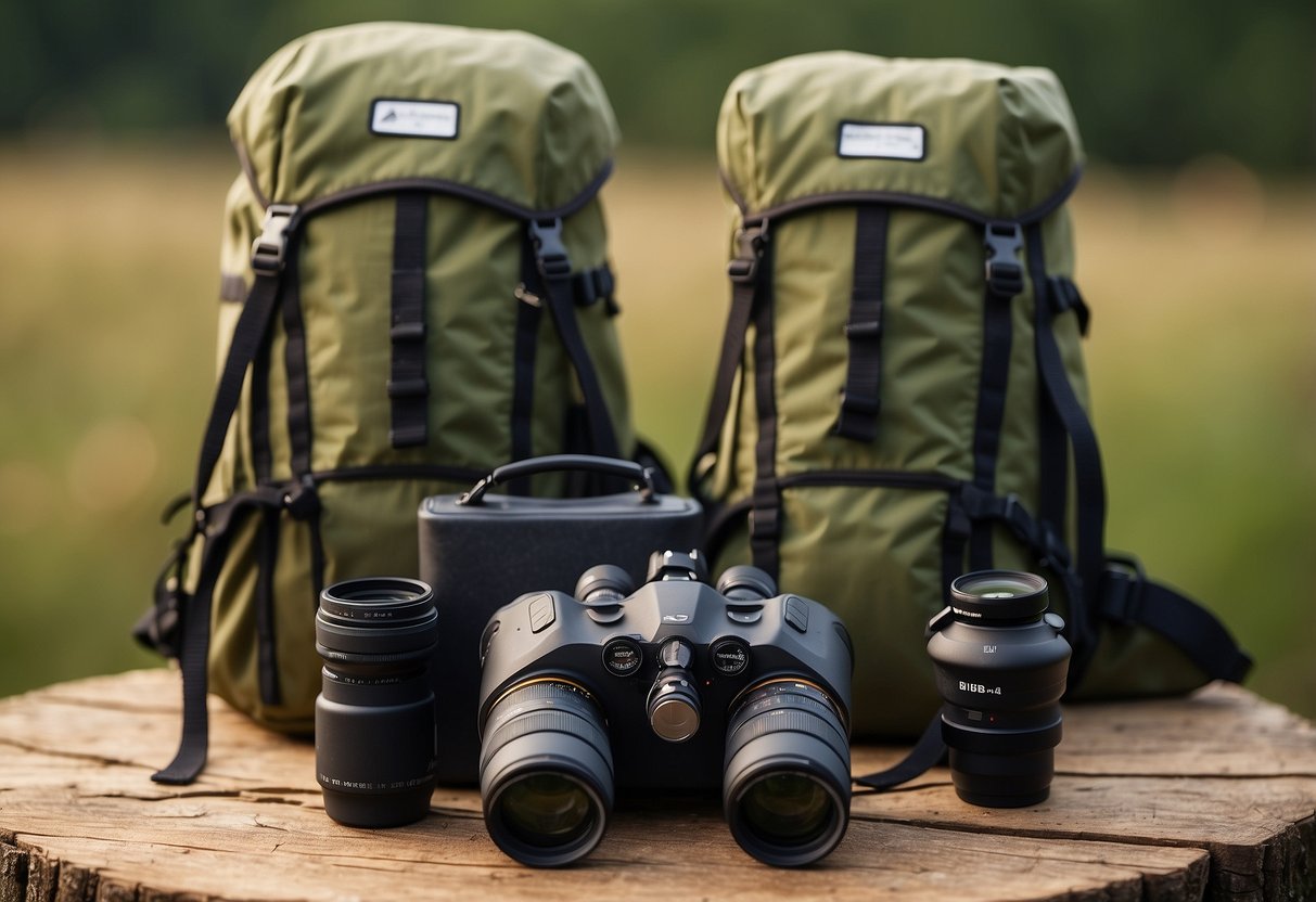 A pair of lightweight binoculars sits atop a neatly packed backpack. Various bird watching essentials are neatly organized around it, ready for an outdoor adventure