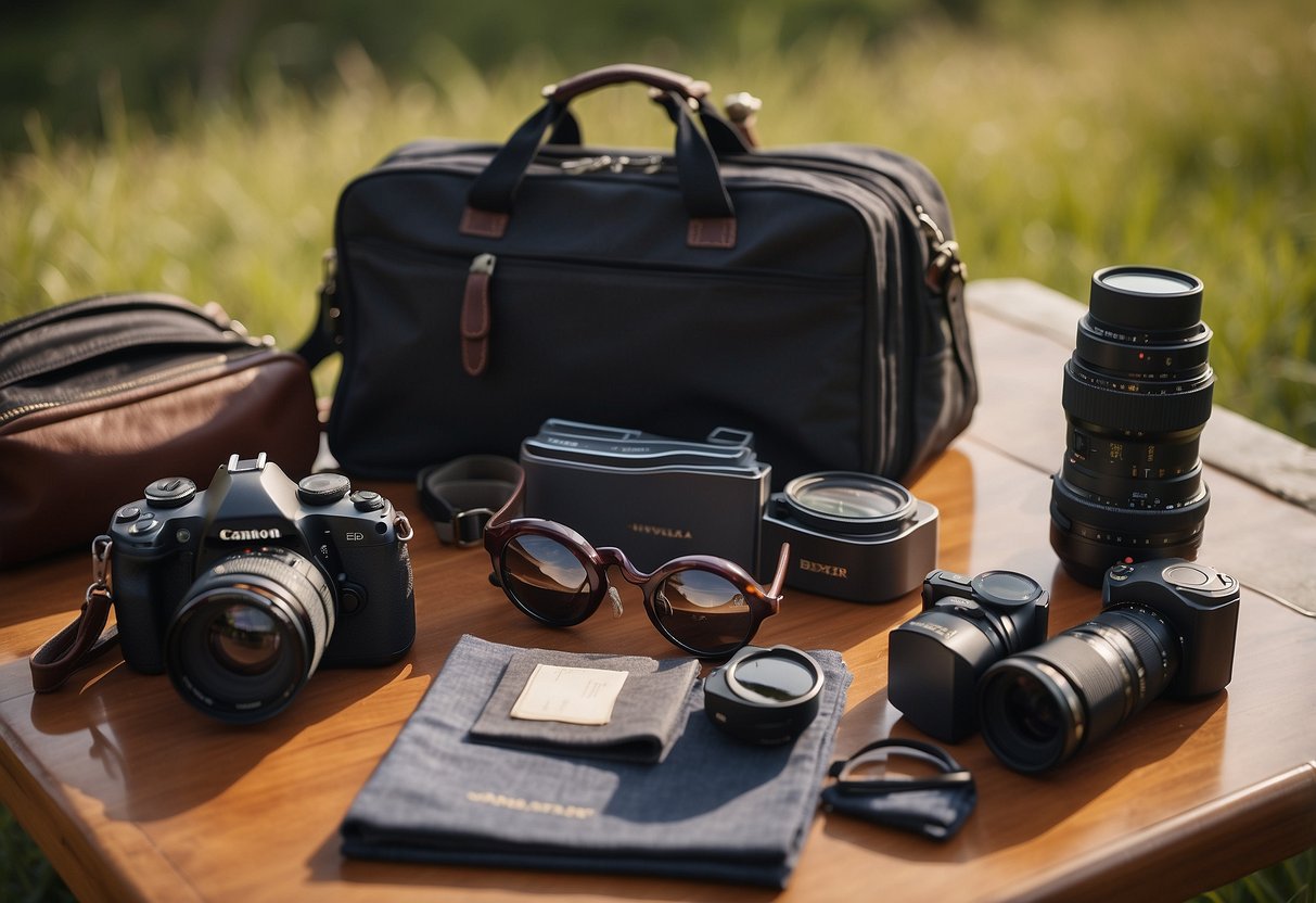 A suitcase open with neatly folded quick-dry clothing, a pair of binoculars, a field guide, and a camera laid out on a table