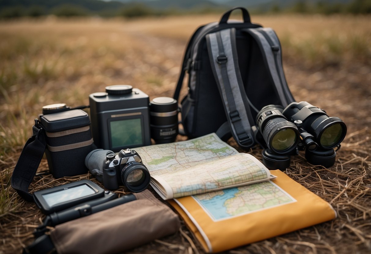 A backpack open on the ground, filled with binoculars, a bird identification book, a water bottle, and a snack. A map and compass lay nearby