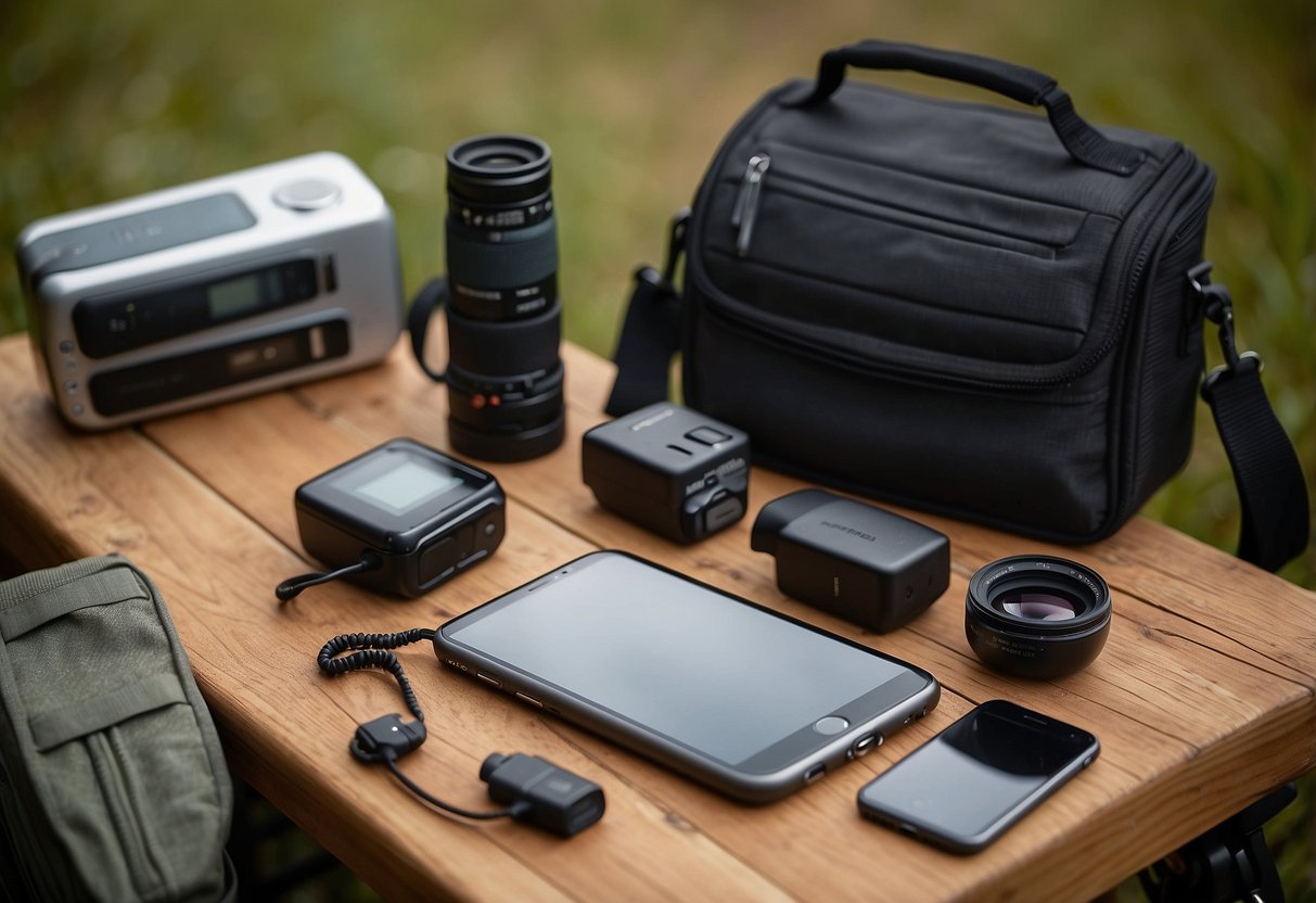 A portable power bank sits next to neatly packed binoculars, camera, and field guide. A checklist with 7 tips for efficient packing is visible nearby