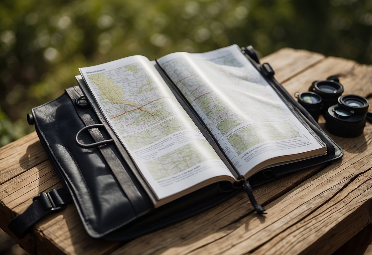 A weatherproof notebook lies open on a wooden table, surrounded by binoculars, a map, and a field guide. Packed bags sit nearby, ready for a bird watching trip