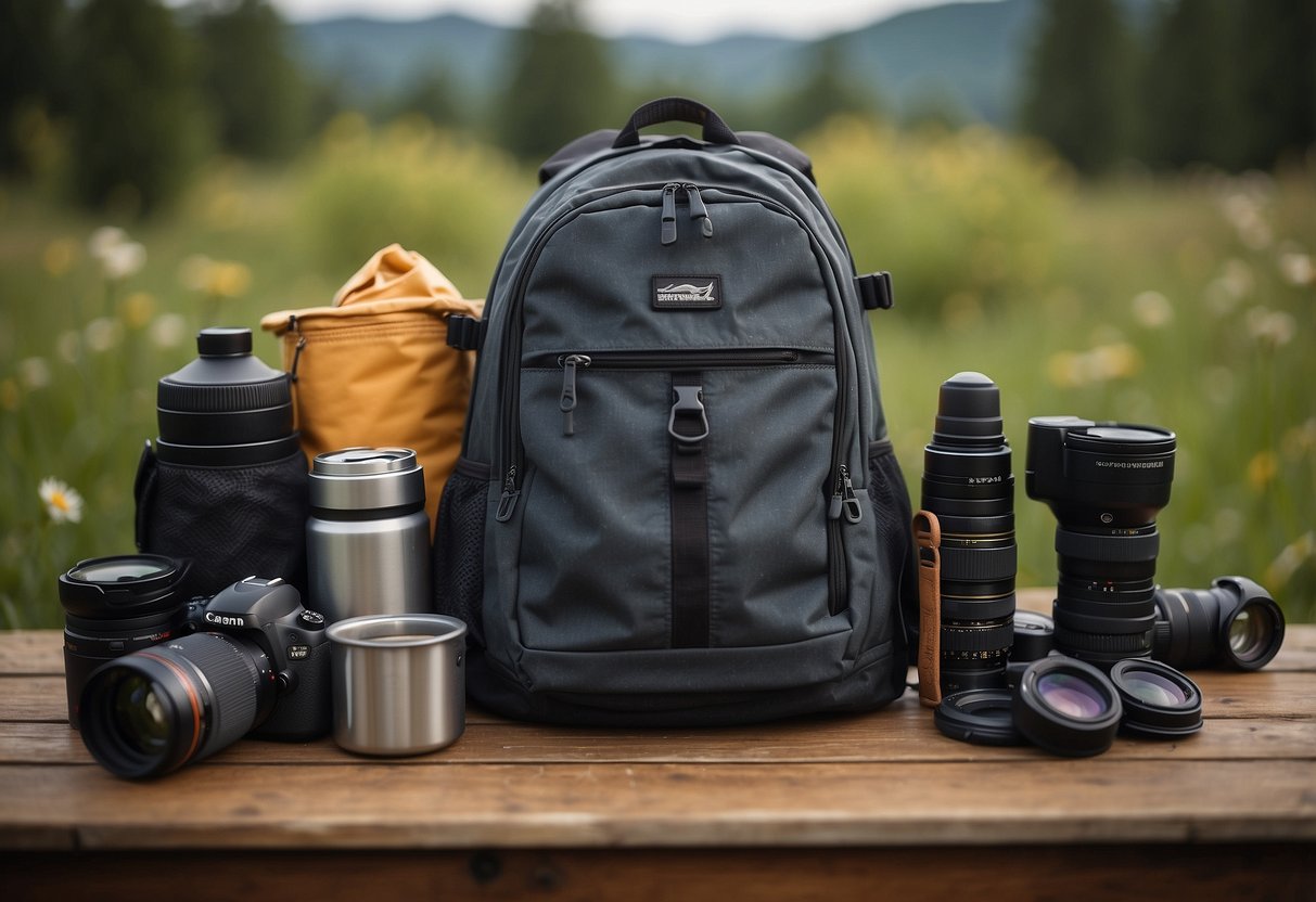 A backpack open on a table, filled with binoculars, field guide, water bottle, snacks, and a compact camera. Clothes neatly rolled and packed alongside