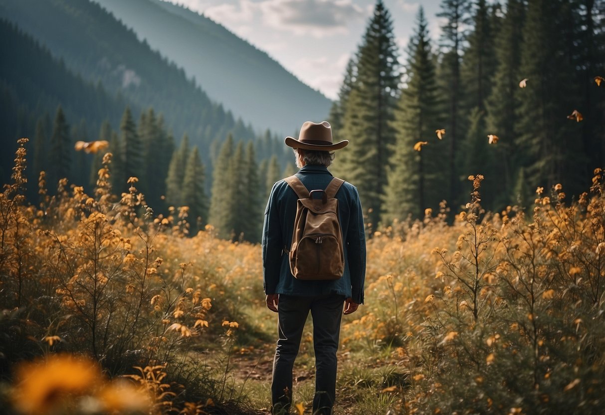 A person stands in a forest clearing, surrounded by tall trees and bird feeders. They wear a wide-brimmed hat, binoculars around their neck, and a lightweight jacket with multiple pockets. The sky is clear, with a few fluffy