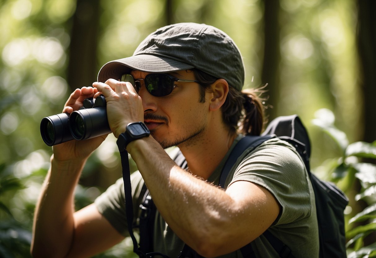 Bright, sunny day in a lush forest. A birdwatcher in lightweight, breathable clothing scans the treetops with binoculars. Nearby, a small stream glistens in the sunlight