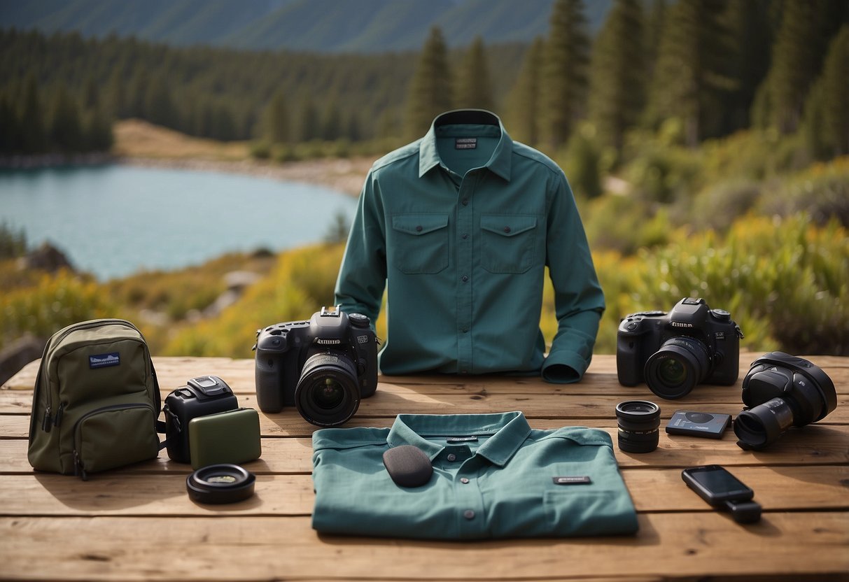 A rugged, outdoor setting with a birdwatcher's gear laid out on a wooden table, including the Patagonia Men's Long-Sleeved Capilene Cool Daily Shirt