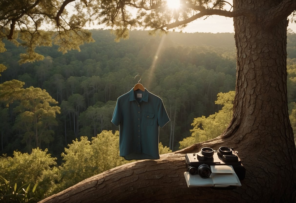 A woman's Tamiami II shirt hangs on a tree branch, surrounded by binoculars, a bird guidebook, and a camera. The setting is a peaceful forest with sunlight filtering through the trees