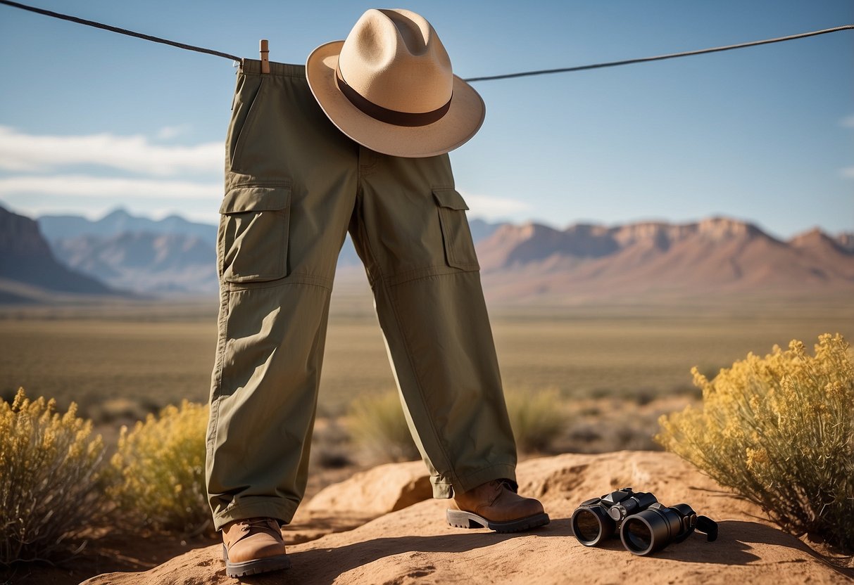 A pair of REI Co-op Sahara Convertible Pants hanging on a clothesline, surrounded by binoculars, a field guide, and a wide-brimmed hat