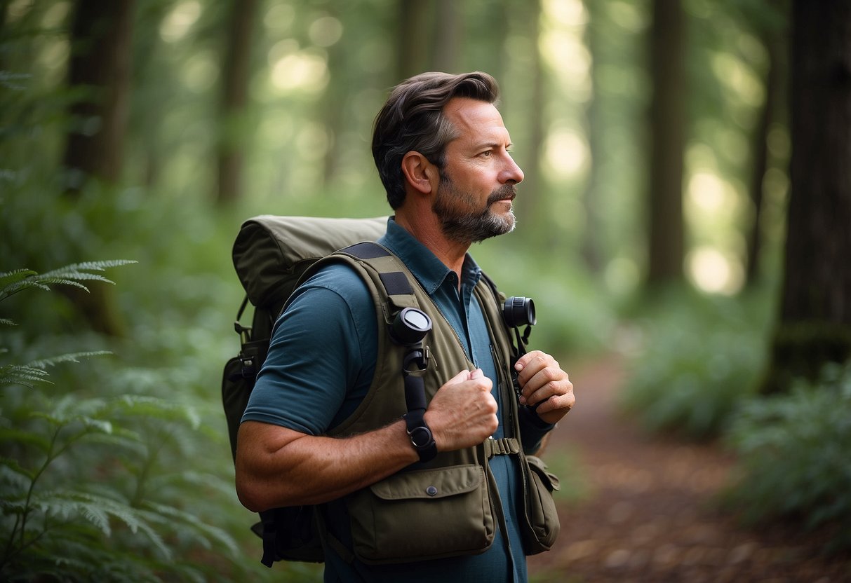 A birdwatcher wears the Orvis Odyssey Birding Vest, binoculars around neck, standing in a peaceful forest clearing