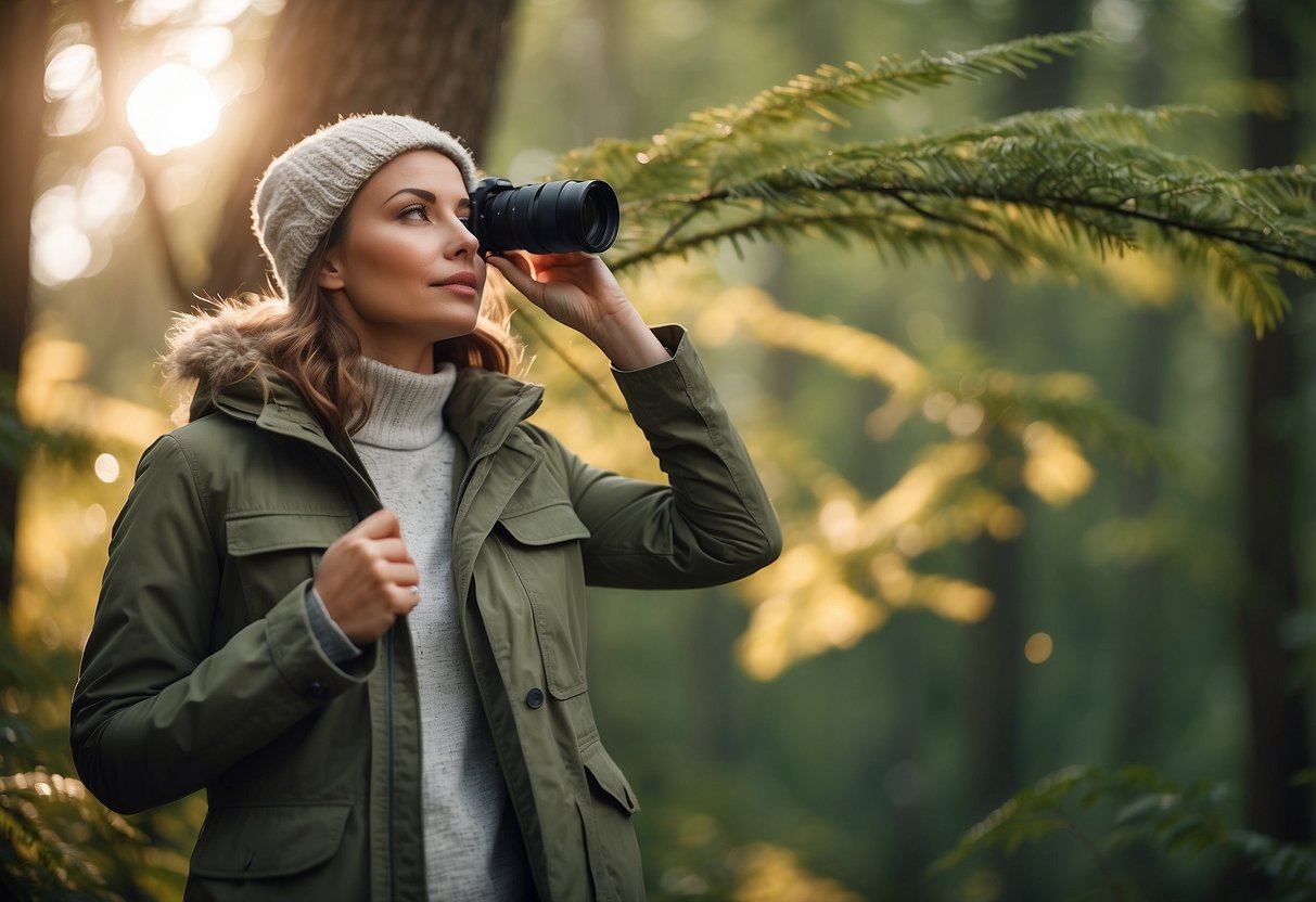 A woman's lightweight jacket hangs on a tree branch, surrounded by binoculars, a bird guide, and a camera. The setting is a peaceful forest with sunlight filtering through the leaves