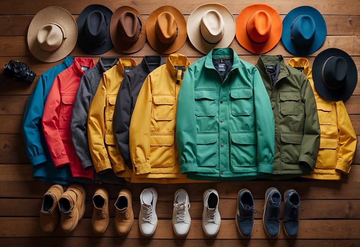 Brightly colored lightweight jackets, cargo pants, and wide-brimmed hats are laid out on a wooden table, surrounded by binoculars and field guides