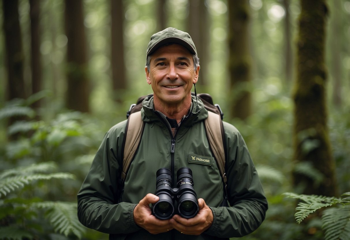 A bird watcher wearing lightweight, breathable clothing, with pockets for storing binoculars and field guides, standing in a lush, wooded area with a variety of bird species