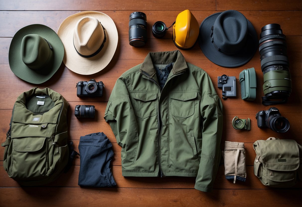 A table with a variety of lightweight bird watching apparel laid out neatly, including hats, jackets, binoculars, and backpacks