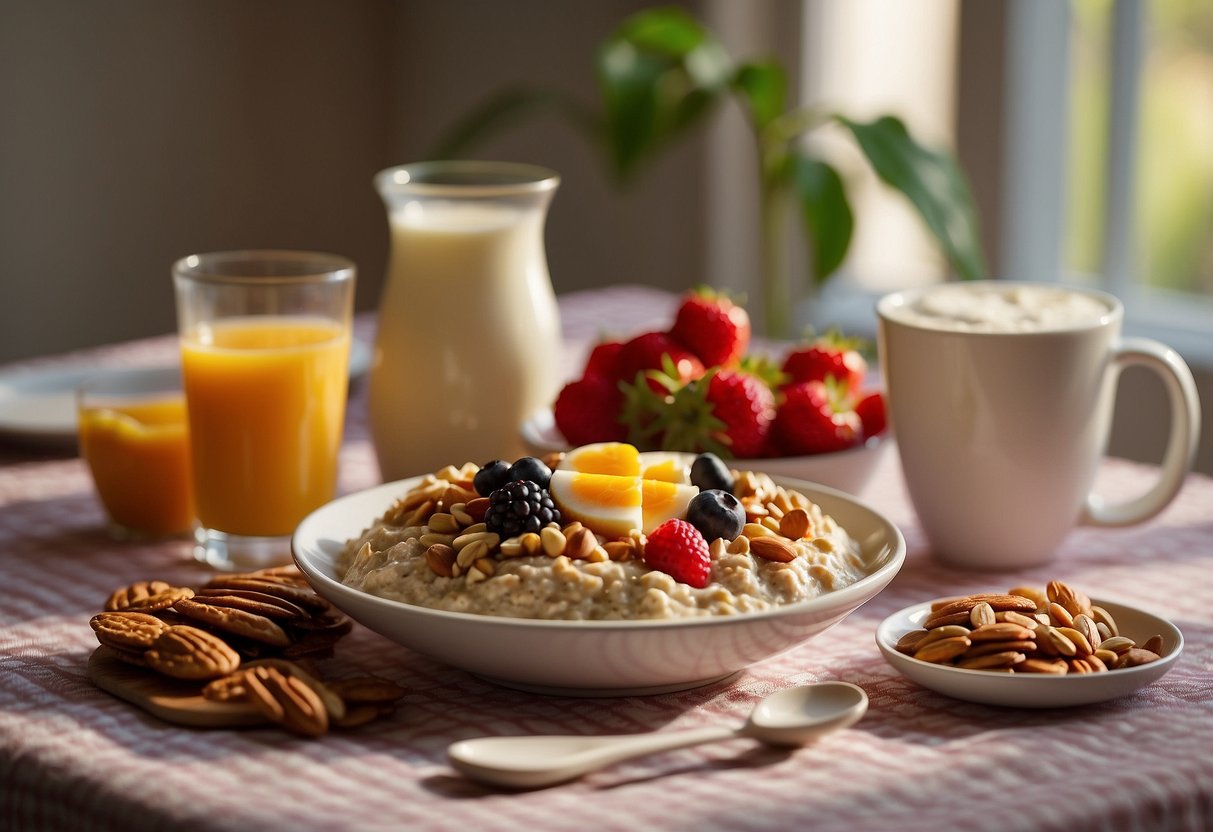 A spread of breakfast foods, including oatmeal, fruit, yogurt, and nuts, laid out on a table with a colorful tablecloth and morning sunlight streaming in through a window