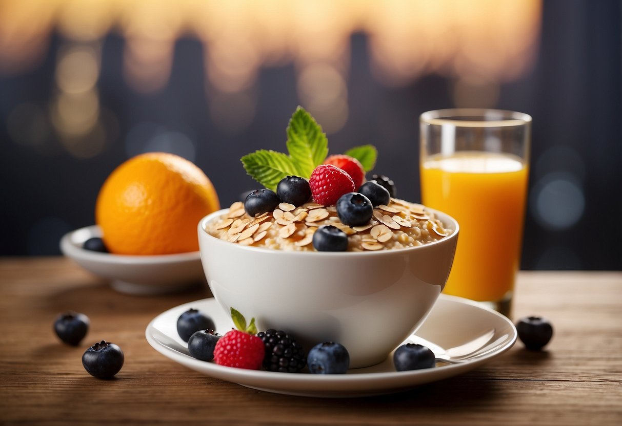 A bowl of oatmeal topped with fresh berries and drizzled with honey sits on a wooden table, surrounded by a cup of coffee and a glass of orange juice